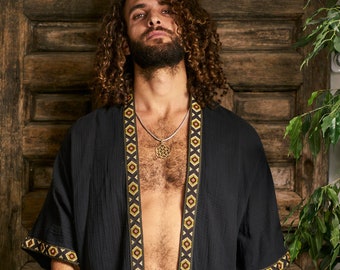 Black Organic Short Kimono/ Kaftan Jacket/ Kimono Robe/Short Kaftan/Mens Robe/Mens Yukata Robe/Boho Kimono/ Burning Man Robe/Festival Jacket