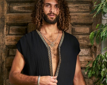 May include: A black sleeveless shirt with a zipper down the front and gold trim. The shirt is made of a soft, lightweight fabric and has a relaxed fit.