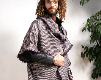 Manteau Cape pour homme/ Manteau unisexe Cape/ Manteau Wrap/ Manteau noir/Cardigan noir et blanc/Poncho unisexe/Trois quart manteau pour homme/ Burning Man/Steampunk