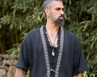 Black Short Kimono Jacket / Cotton Jacket/ Man Kimono/ Man Kaftan/ Man Outerwear/ Mens Yukata Robe/ Burning Man Outerwear/ Festival Jacket