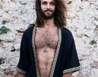 Kimono curto preto em algodão orgânico - Jaqueta boho para festivais