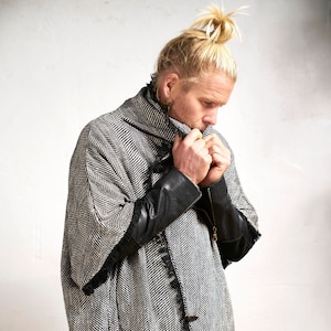メンズケープコート/ユニセックスクロークマントル/ラップコート/ブラックコート/ブラック&ホワイトカーディガン/ユニセックスポンチョ/スリークォーターメンズコート/バーニングマン/スチームパンク