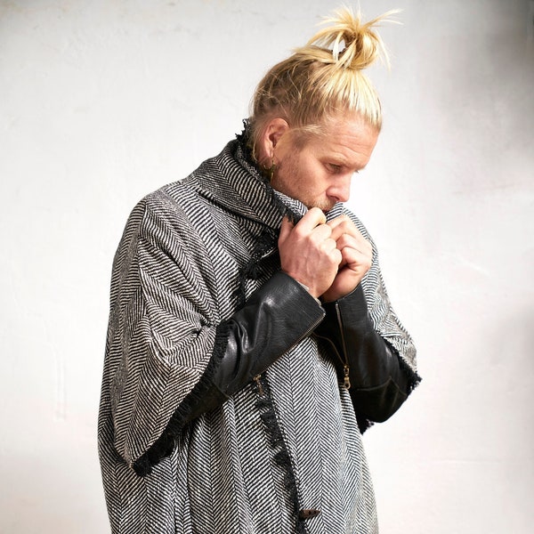 Manteau Cape pour homme/ Manteau unisexe Cape/ Manteau Wrap/ Manteau noir/Cardigan noir et blanc/Poncho unisexe/Trois quart manteau pour homme/ Burning Man/Steampunk