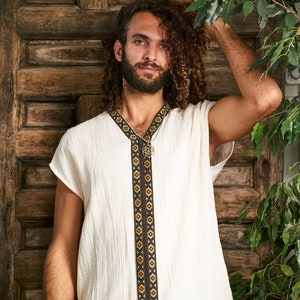 White Organic Top / White Vest / Short Kaftan / Mens Top / White Top for Men / Mens T-shirt / White Man Vest / White Robe/ Boho White Shirt