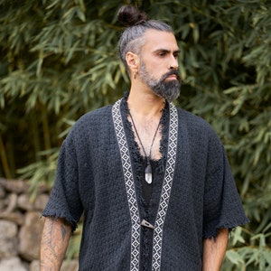 Black Short Kimono Jacket / Cotton Jacket/ Man Kimono/ Man Kaftan/ Man Outerwear/ Mens Yukata Robe/ Burning Man Outerwear/ Festival Jacket