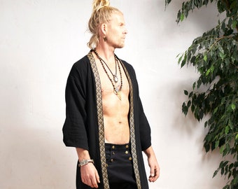 Black Organic Cotton Mens Kimono Robe, Festival Boho Jacket