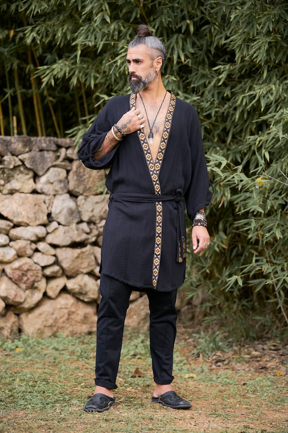 Black Mens Kimono Organic Cotton Kimono Kimono Robe Mens Yukata Robe Boho Kimono Burning Man Robe Mens Kimono Festival Jacket