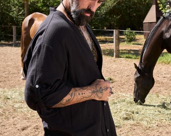 Mens Long Shirt / Mens Shirt/ Man Black Shirt/ Button Down Mens Shirt  /Man Shirt /Mens Kimono / Black Shirt/ Mens top/ Man Kimono