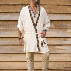 Off White Mens Kimono/ Man Kimono/ Kimono Robe/Man Kaftan /Mens Yukata Robe/Boho Kimono/Burning Man Clothing/Organic Cotton Kimono/ Festival image 5