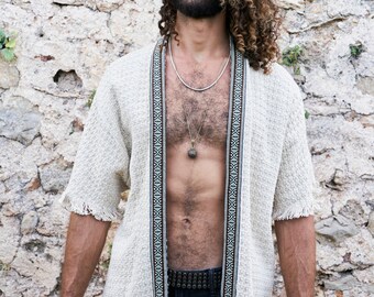 Veste kimono courte écru / Veste en coton/ Kaftan homme/ Vêtements d’extérieur pour hommes/Kimono homme/Robe Yukata pour hommes/Vêtements d’extérieur Burning Man/Vêtements d’extérieur festival