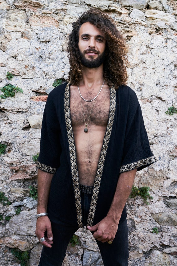 Black Organic Short Kimono Kaftan Jacket Kimono Robe short