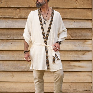 Off White Mens Kimono/ Man Kimono/ Kimono Robe/Man Kaftan /Mens Yukata Robe/Boho Kimono/Burning Man Clothing/Organic Cotton Kimono/ Festival image 2