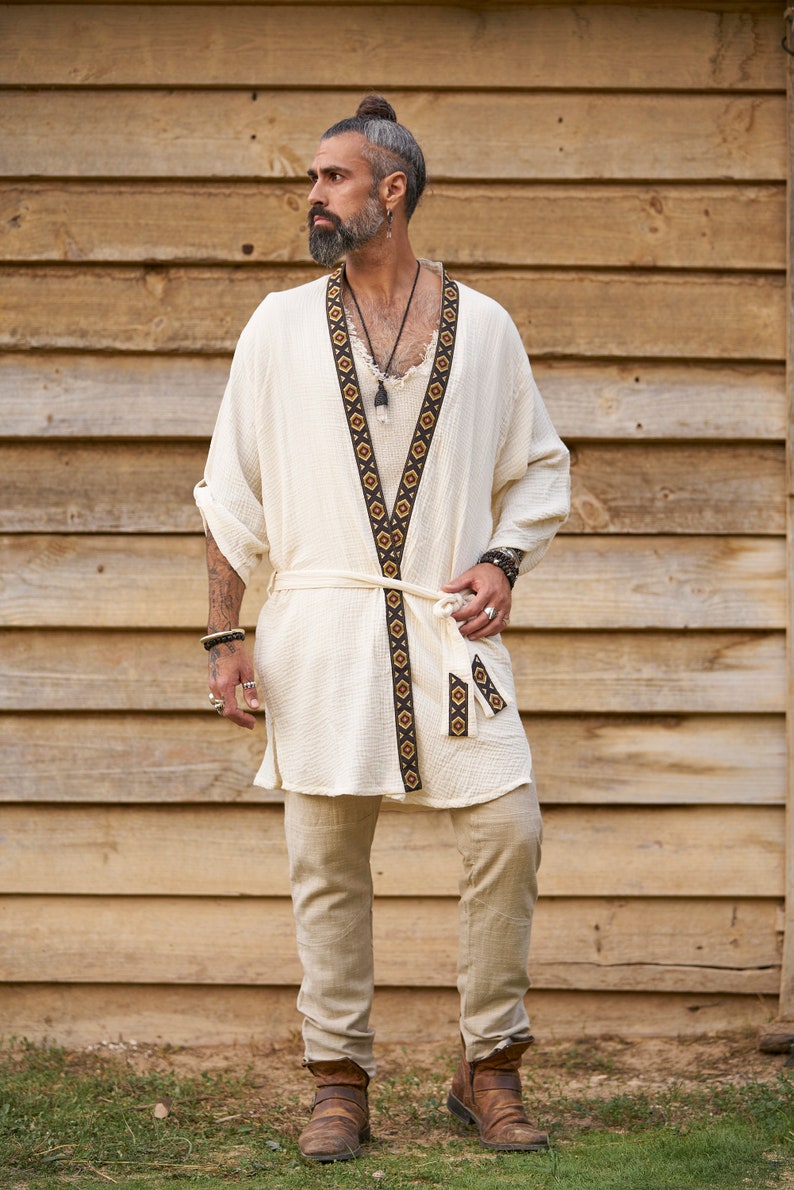 Off White Mens Kimono/ Man Kimono/ Kimono Robe/Man Kaftan /Mens Yukata Robe/Boho Kimono/Burning Man Clothing/Organic Cotton Kimono/ Festival image 2