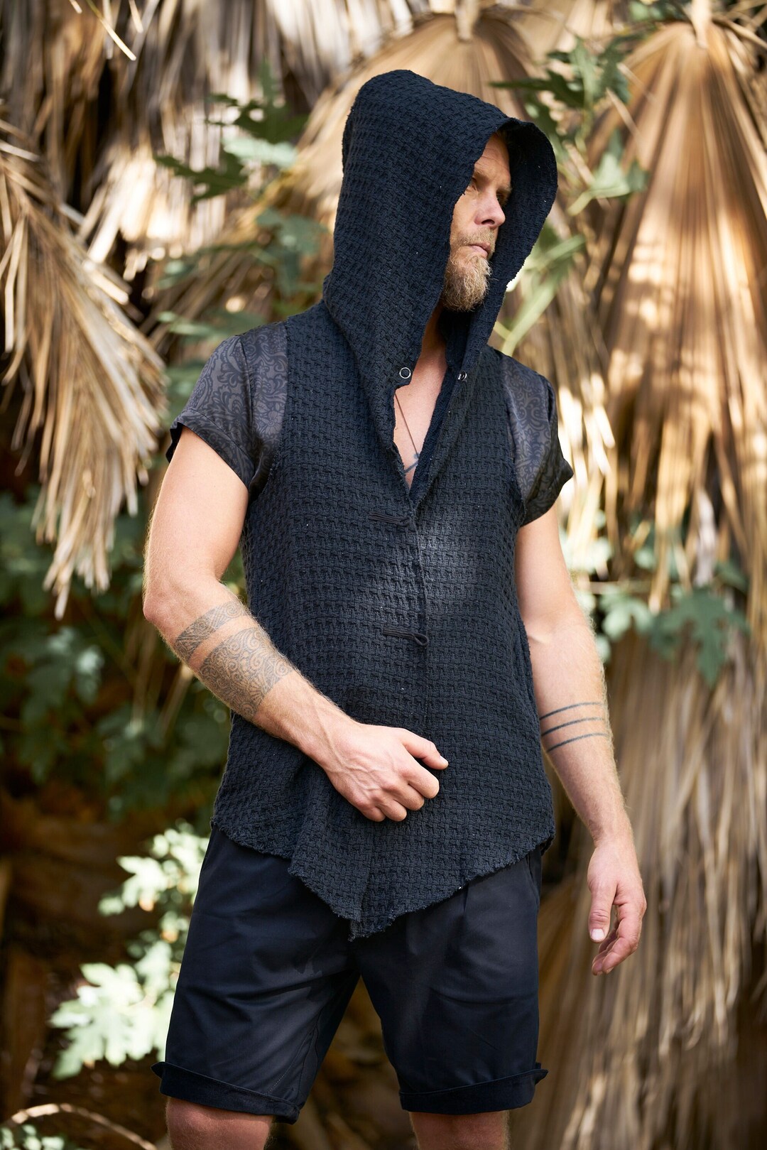 Man Vest With Hood / Man Black Vest / Festival Coat Costume / Etsy
