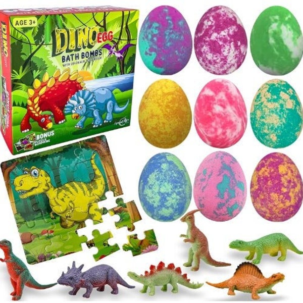 Dinosaur Bath Bombs for Kids with surprise inside, 9 Organic Dino Egg Bath Bombs w/Dinosaur Puzzle, Birthday Gifts for Kids, Boys, Girls