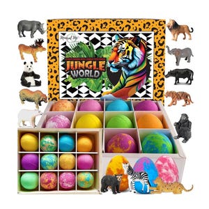 May include: A set of 12 bath bombs with jungle animal toys inside. The bath bombs are colorful and have a variety of designs. The box is yellow with black leopard spots and says "Jungle World".