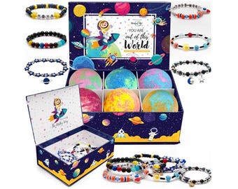 Kids Galaxy Bath Bombs with Space Bracelet, Organic Shea Butter, Keepsake Box