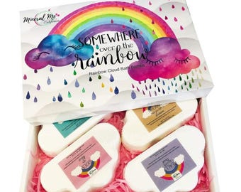 Rainbow Cloud Bath Bombs for Kids, Organic Essential Oils, 4-Pack
