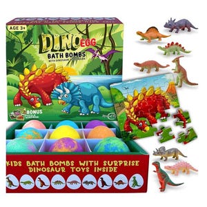 Dinosaur Bath Bombs for Kids with surprise inside, 9 Organic Dino Egg Bath Bombs w/Dinosaur Puzzle, Birthday Gifts for Kids, Boys, Girls