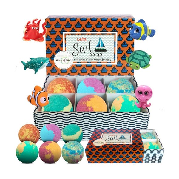 Bombas de baño para niños con juguetes sorpresa de animales marinos y manteca de karité orgánica efervescente.