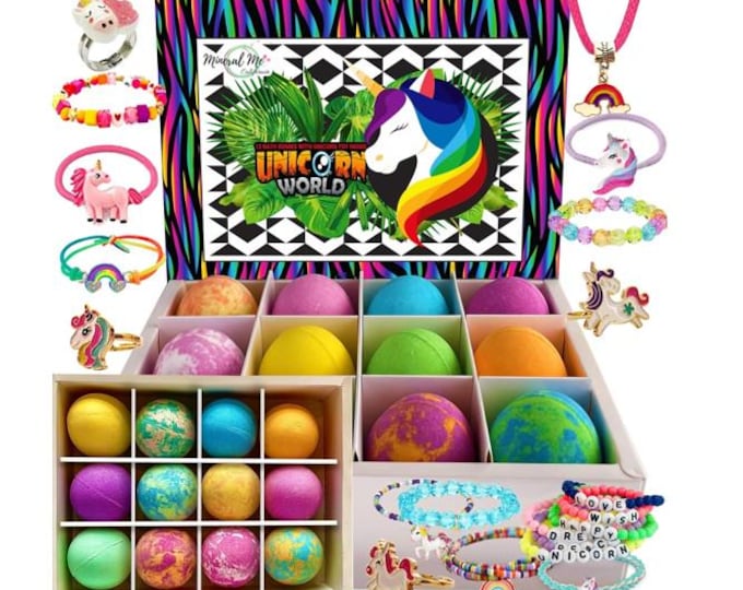 Unicorn Bath Bombs with Jewelry Surprise – Organic Kids Bath Fizzers, Set of 12