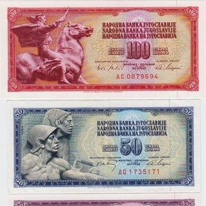 May include: Three vintage Yugoslav banknotes with different denominations: 100, 50, and 20 dinars. The 100 dinar note features a woman on horseback, the 50 dinar note features a man with a hammer, and the 20 dinar note features a ship.