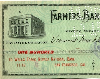 1910's CARSON CITY NEVADA (Minden) Very Rare Original Bank Check Payable through Wells Fargo!