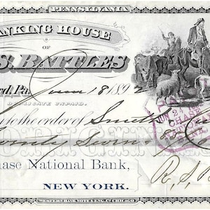Rare Original Erie (Girard) Pennsylvania CHASE Bank Draft with Fabulous Old Steel Engraved Vignettes incl COWBOYS! Large Size! cv 50 Dollars