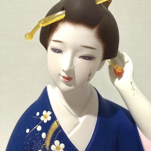 Rare Japanese Cherry Blossom Maiden of Spring Hakata Ningya Bisque Blue Kimono w Plum Flower Pattern Geisha Doll Figurine Sculpture 11.5"
