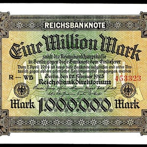 May include: A vintage German banknote with a face value of Eine Million Mark. The paper currency features intricate black decorative borders, a green and yellow gradient background, and the text Reichsbanknote, Berlin, and 1.000.000 Mark.