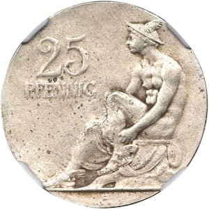 Könnte beinhalten: Eine kreisförmige, silberfarbene Münze mit der geprägten Zahl 25 und dem Schriftzug PFENNIC auf der linken Seite. Rechts ist eine sitzende Figur mit geflügeltem Helm und geflügelten Sandalen dargestellt, auf einer strukturierten Metalloberfläche.