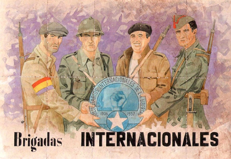 INTERNATIONAL BRIGADE Spanish CIvil War Poster Blue Fist/White Star/4 Volunteer Fighters. image 1
