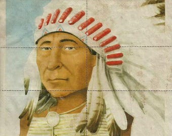 Prächtiges Original Vintage Siebdruck Plakat Der CHIEF ROTE WOLKE Maşpíya Lúta in spanischer Sprache! Jefe Sioux Nube Roja Sammlerstück (20,3 x 30,5 cm)