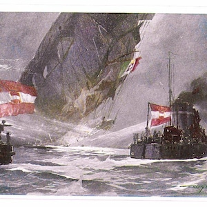 May include: A vintage-style illustration depicting a large, dark airship descending toward the sea. Two naval vessels with red and white striped flags are positioned on the water, with smoke rising from one ship. The scene is rendered in muted tones.