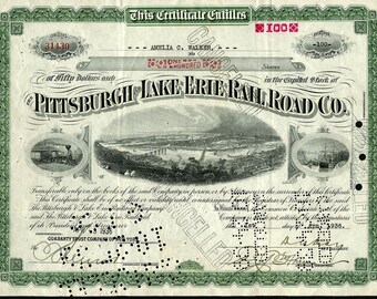 Rare Original 1940&#39;s PITTSBURGH LAKE ERIE Railroad Stock w Old train, View of 3 Bridges over 2 Rivers Coming Together