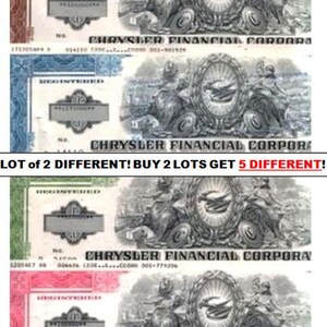 May include: A lot of two different vintage Chrysler Financial Corporation stock certificates. The certificates are printed on paper with a blue and white design. The text "LOT of 2 DIFFERENT! BUY 2 LOTS GET 5 DIFFERENT!" is printed at the bottom of the image.