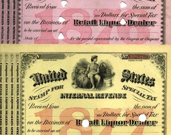 Grandi e rari francobolli statunitensi per la tassa sugli alcolici, valore nominale 9,99 dollari! 1876-7 Tutti i coupon CV 80 dollari