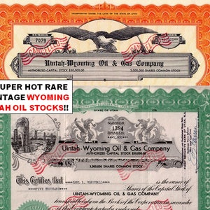 Coppia di scorte di petrolio originale d'epoca UTAH, WYOMING (1 con Gusher!) La nostra esclusiva! CV 100 dollari
