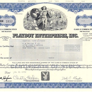 Seltener Original PLAYBOY Aktienzertifikat von HUGH HEFNER! Sehr seltene Ausführung! Unser Exclusive - Nur hier!