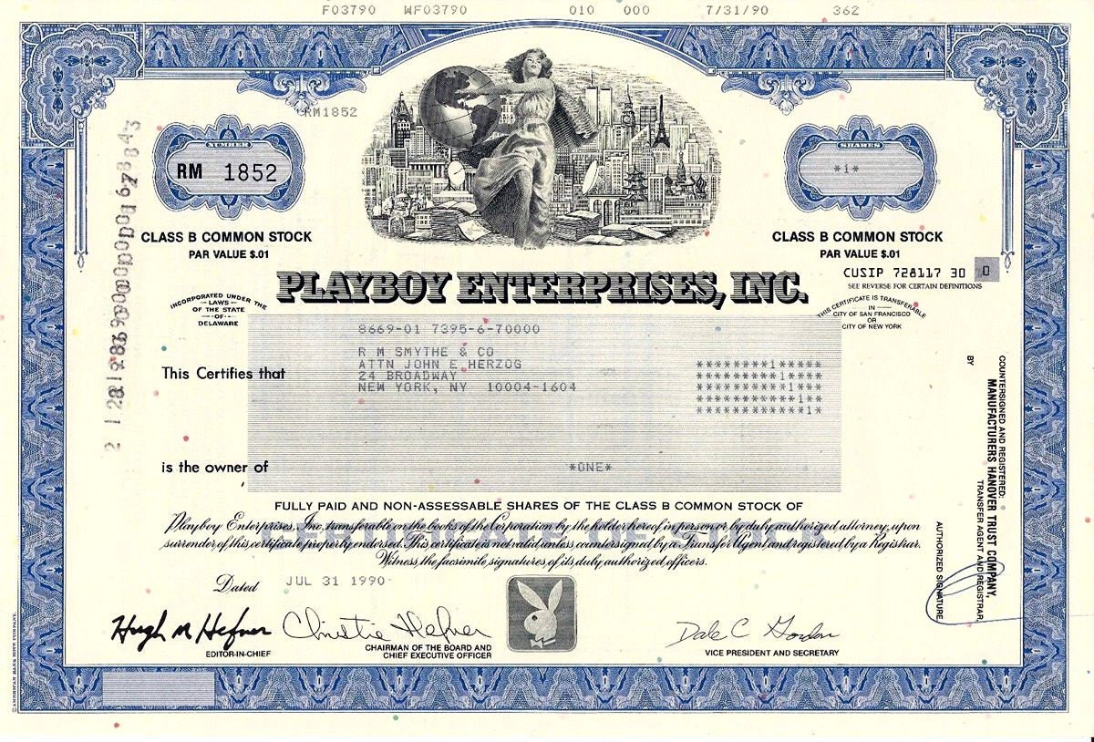 Rare Original PLAYBOY Stock Certificate Signed by HUGH HEFNER! Very Rare Type! Our Exclusive - Only Here!