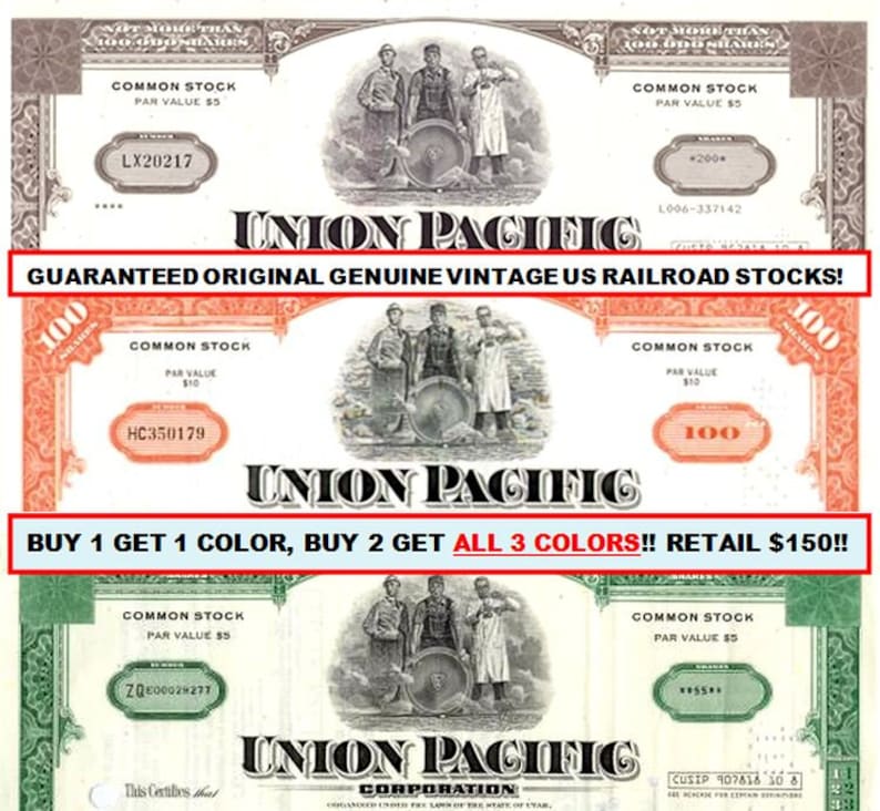 Vintage UNION PACIFIC Railroad Stocks! Buy 2 Get 3 DIFFERENT Steel
