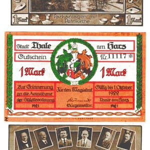 May include: A collection of three rectangular historical German banknotes. The top note features a landscape with a church and text reading 1 Mark. The middle note is a red, white, and green voucher for 1 Mark from 1922. The bottom note displays eighteen individual portrait photographs with names printed below each person.
