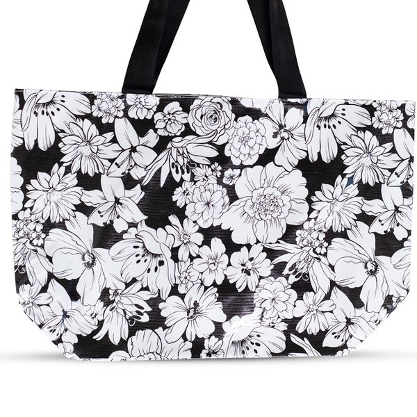 Oilcloth Beach Bag - Large Waterproof and Wipeable Beach Tote in Black Wildflowers with White Interior