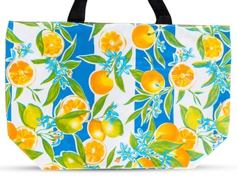 Oilcloth Tote Bag - Large Waterproof and Wipeable Tote for the Beach and Market in Blue Seville and Yellow Gingham