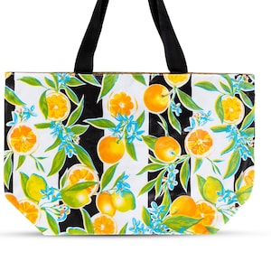 Oilcloth Tote Bag - Large Waterproof and Wipeable Tote for the Beach and Market in Black Seville and Yellow Gingham