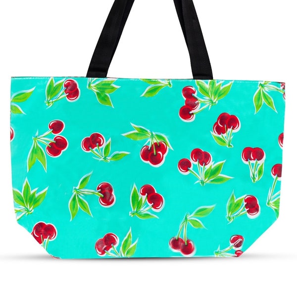 Oilcloth Beach Bag - Large Waterproof and Wipeable Beach Tote in Cherries Aqua and Red Gingham
