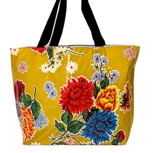 Oilcloth Beach Bag - Large Waterproof and Wipeable Beach Tote in Gold Crysanthemums and White