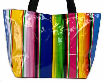 Sac de plage en toile cirée - Grand fourre-tout de plage imperméable et essuyable en serape et blanc