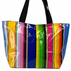 Oilcloth Beach Bag - Large Waterproof and Wipeable Beach Tote in Serape and White