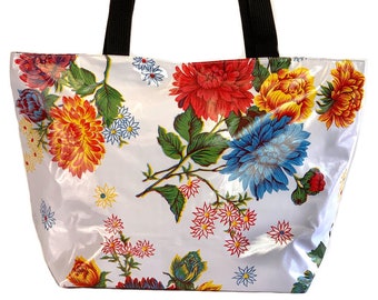 Chrysanthemums White Vinyl Tote Bag - Oilcloth Tote - Floral Tote Bag - Reusable Shopping Bag - Market Tote - Christmas Gift - Vinyl Bag